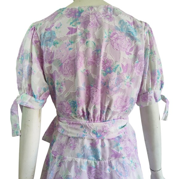 Skies Are Blue Cleo Coquette Puffy Tie Sleeve Floral Jacquard Wrap Dress S NWT - Picture 5 of 14